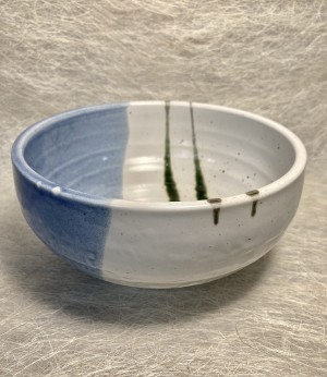 Kom wit blauw met groene strepen.